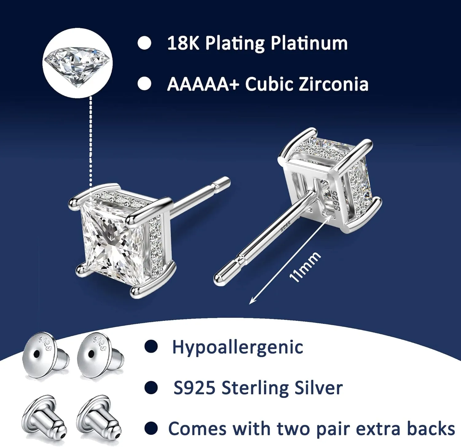 18K White Gold Plated Sterling Silver Princess Cut Cubic Zirconia Stud Earrings Square Simulated Diamond CZ Stud Earrings for Women Men Hypoallergenic