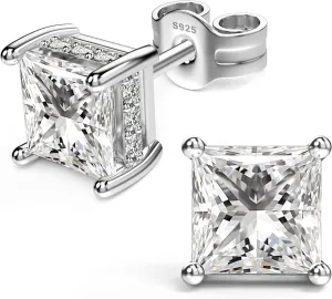 18K White Gold Plated Sterling Silver Princess Cut Cubic Zirconia Stud Earrings Square Simulated Diamond CZ Stud Earrings for Women Men Hypoallergenic