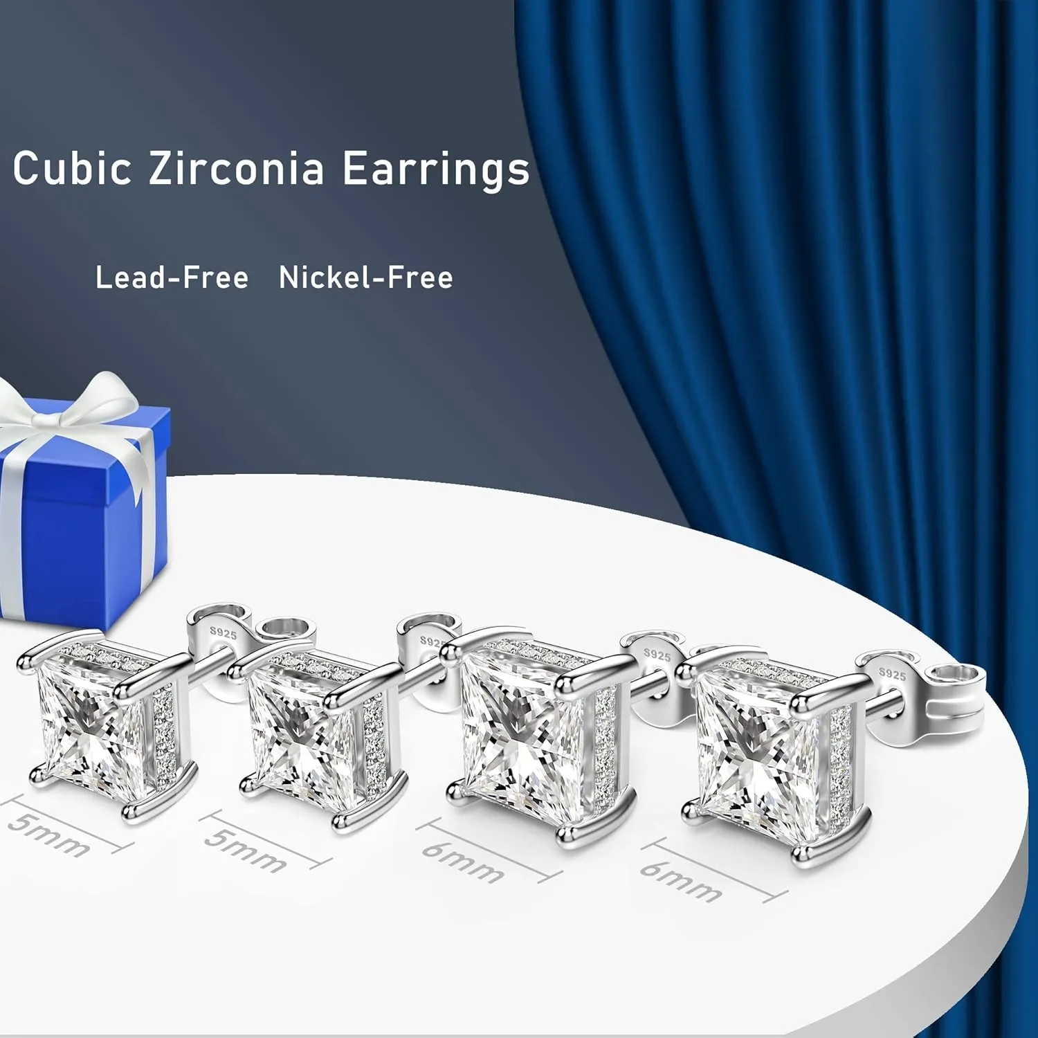 18K White Gold Plated Sterling Silver Princess Cut Cubic Zirconia Stud Earrings Square Simulated Diamond CZ Stud Earrings for Women Men Hypoallergenic