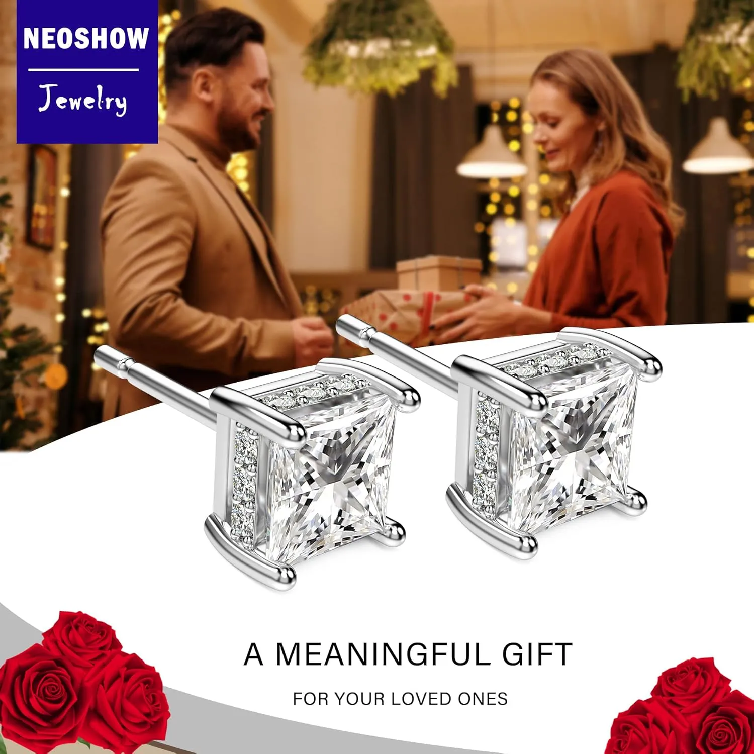 18K White Gold Plated Sterling Silver Princess Cut Cubic Zirconia Stud Earrings Square Simulated Diamond CZ Stud Earrings for Women Men Hypoallergenic
