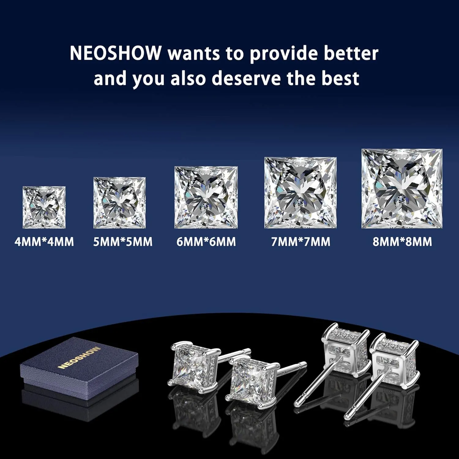 18K White Gold Plated Sterling Silver Princess Cut Cubic Zirconia Stud Earrings Square Simulated Diamond CZ Stud Earrings for Women Men Hypoallergenic