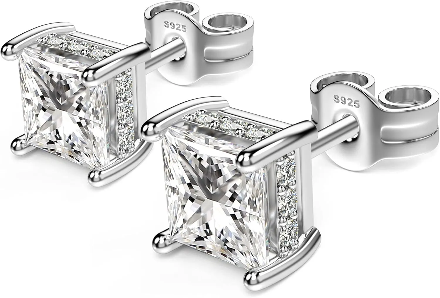 18K White Gold Plated Sterling Silver Princess Cut Cubic Zirconia Stud Earrings Square Simulated Diamond CZ Stud Earrings for Women Men Hypoallergenic