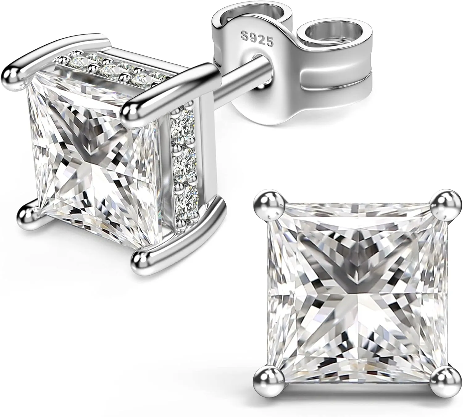 18K White Gold Plated Sterling Silver Princess Cut Cubic Zirconia Stud Earrings Square Simulated Diamond CZ Stud Earrings for Women Men Hypoallergenic