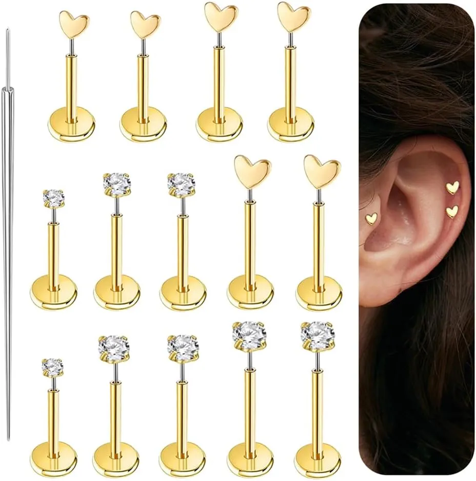 20G/18G/16G Cartilage Tragus Earring Gold Tiny Stud Earrings Threadless Flat Back Earrings Nose Stud Piercing Small Heart CZ Studs Mini Conch Helix Jewelry
