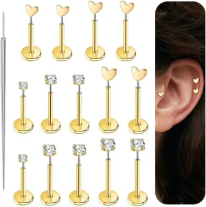 20G/18G/16G Cartilage Tragus Earring Gold Tiny Stud Earrings Threadless Flat Back Earrings Nose Stud Piercing Small Heart CZ Studs Mini Conch Helix Jewelry