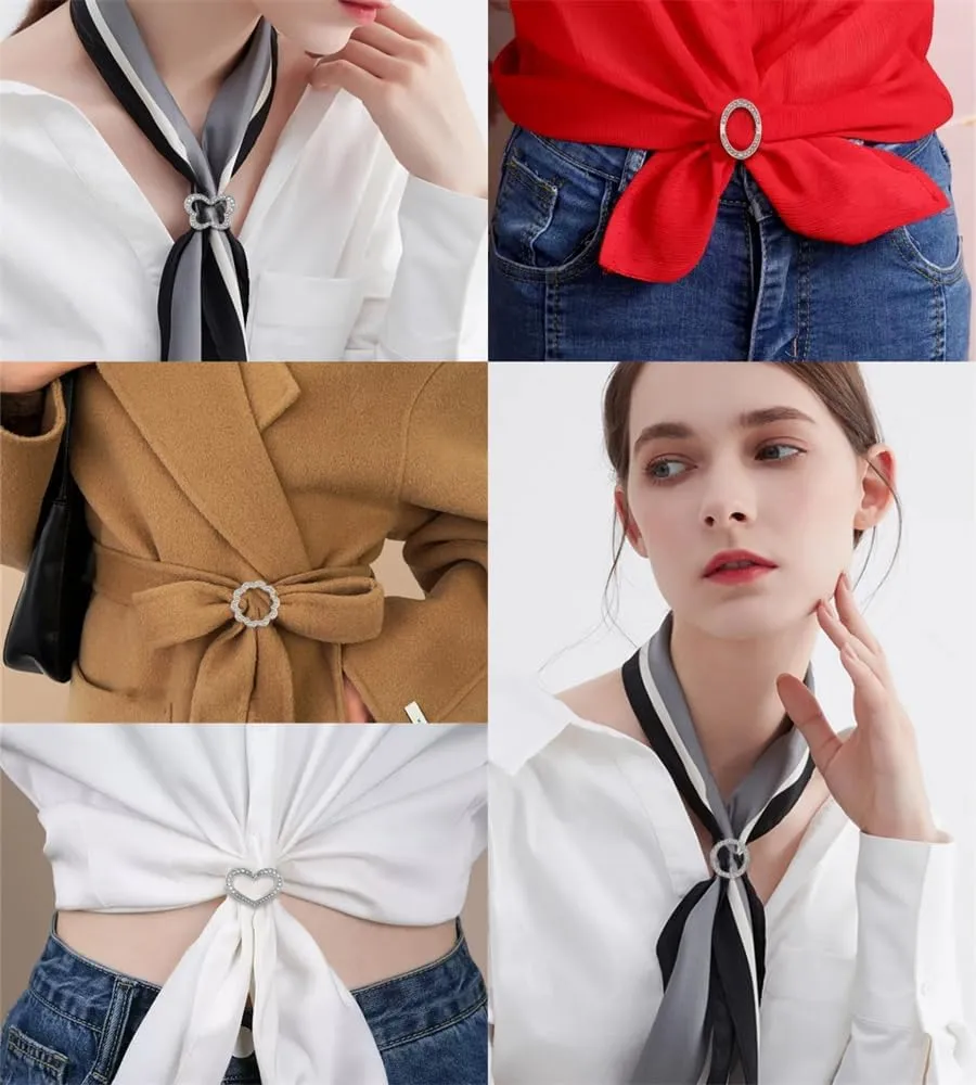 5PCS Silk Scarf Ring Clip T-shirt Tie Clips for Women Fashion Metal Rhinestone Heart Flower Butterfly Circle Clip Shawl Scarves Clasp Dress Accessories Jewelry Buckle Clothing Ring Wrap Holder