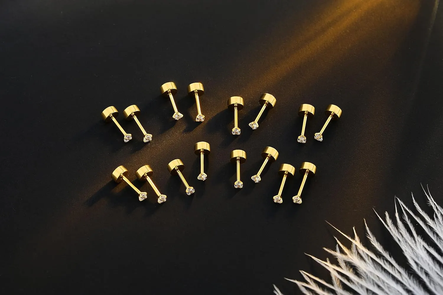 8 Pairs Tiny Flat Back Earrings for Women Men 14K Gold Plated Surgical Stainless Steel Stud Earrings Cubic Zirconia Cartilage Earring Hypoallergenic Piercing Jewelry, 2mm 3mm 4mm