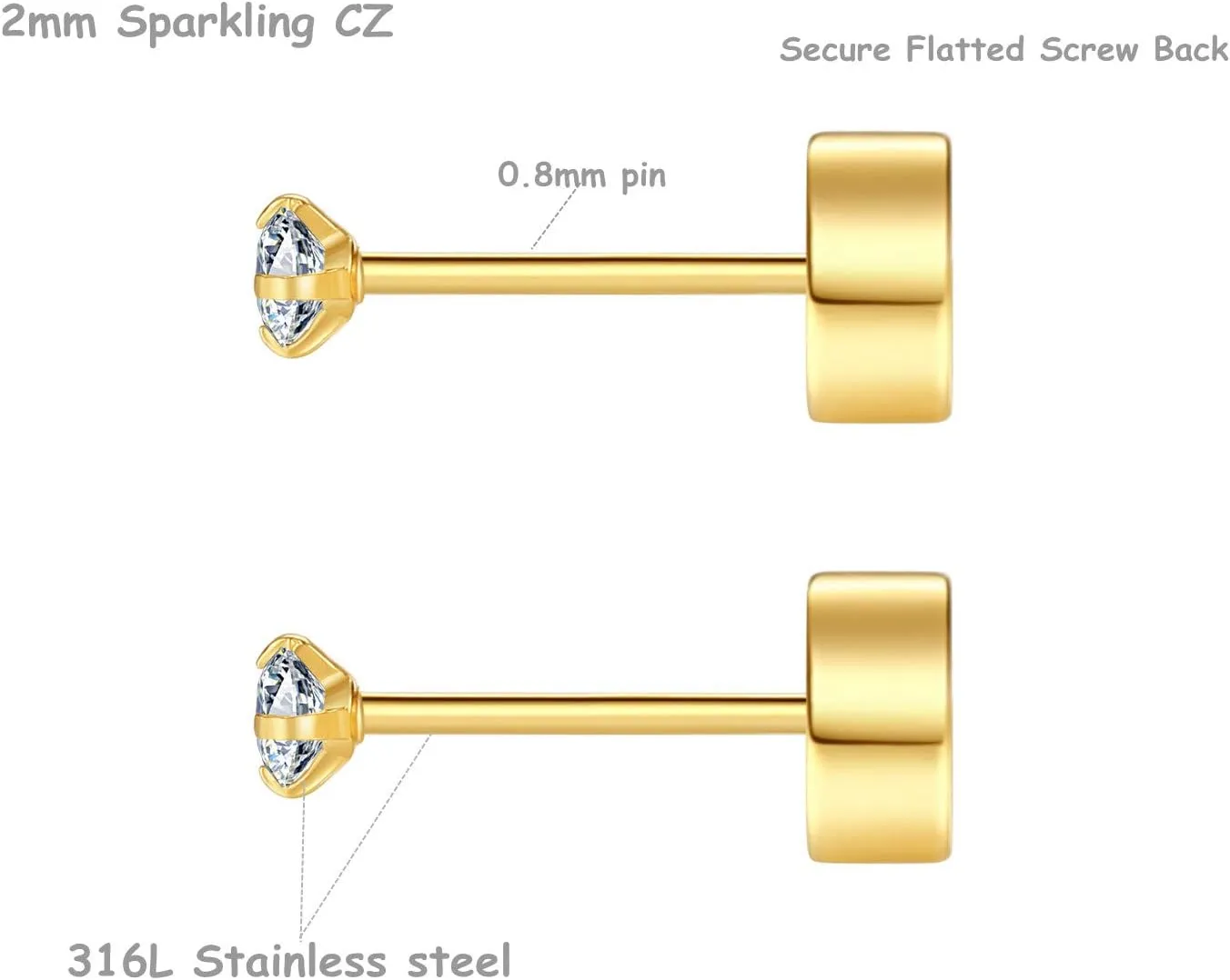 8 Pairs Tiny Flat Back Earrings for Women Men 14K Gold Plated Surgical Stainless Steel Stud Earrings Cubic Zirconia Cartilage Earring Hypoallergenic Piercing Jewelry, 2mm 3mm 4mm