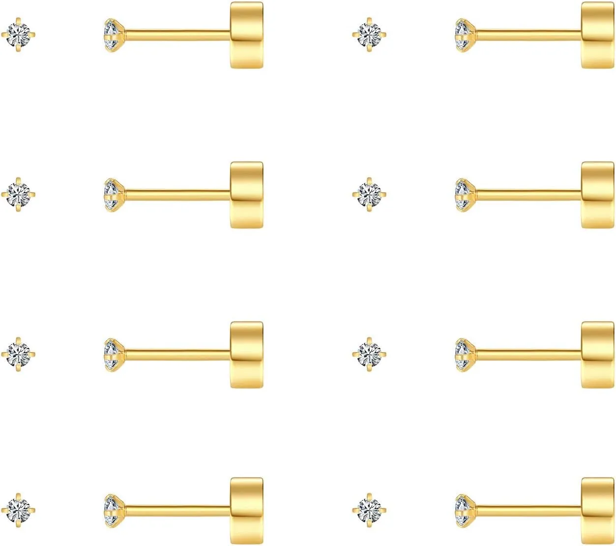 8 Pairs Tiny Flat Back Earrings for Women Men 14K Gold Plated Surgical Stainless Steel Stud Earrings Cubic Zirconia Cartilage Earring Hypoallergenic Piercing Jewelry, 2mm 3mm 4mm