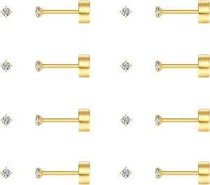8 Pairs Tiny Flat Back Earrings for Women Men 14K Gold Plated Surgical Stainless Steel Stud Earrings Cubic Zirconia Cartilage Earring Hypoallergenic Piercing Jewelry, 2mm 3mm 4mm
