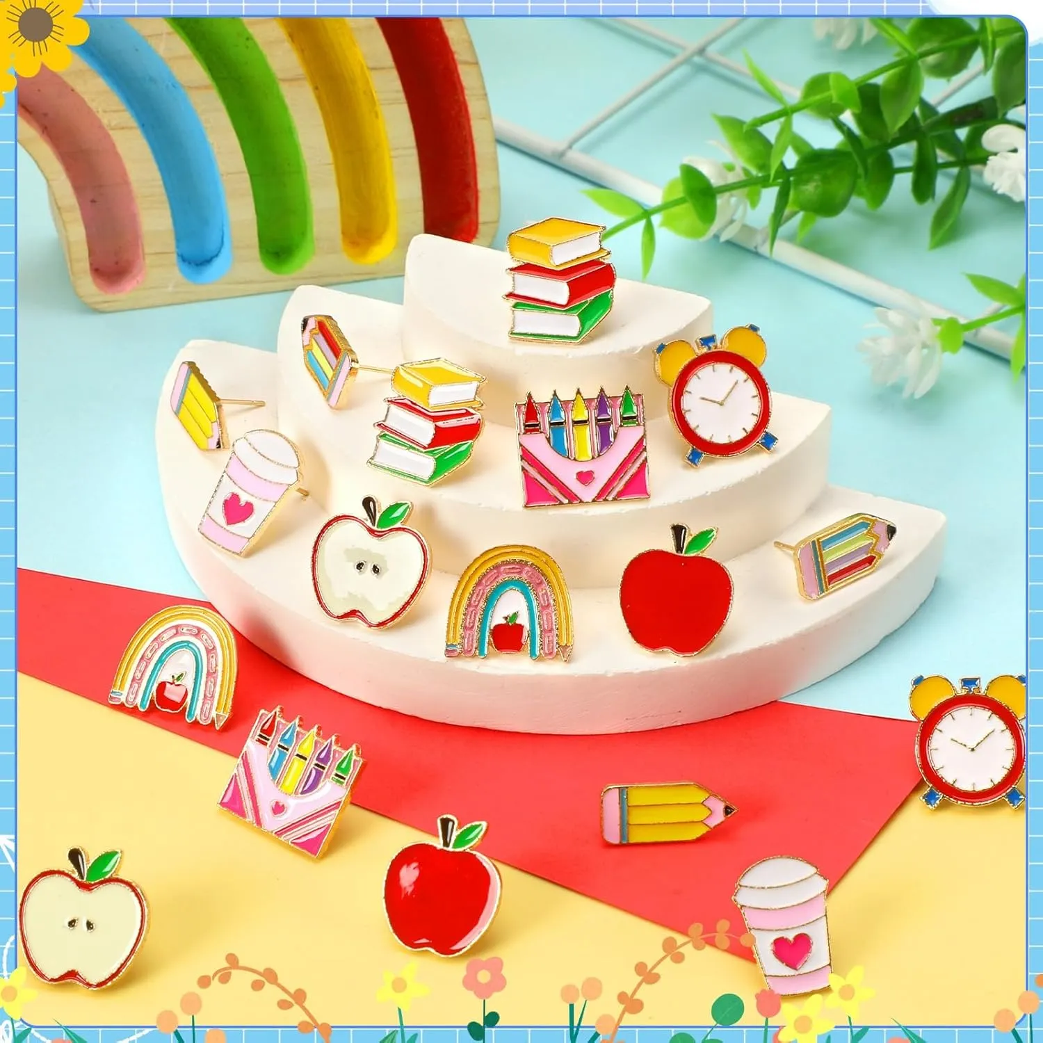 9 Pairs Theme Enamel Stud Earrings for Women Rainbow Pencil Book Stud Earrings Set for Graduation Teacher Appreciation Gift Back to Decoration