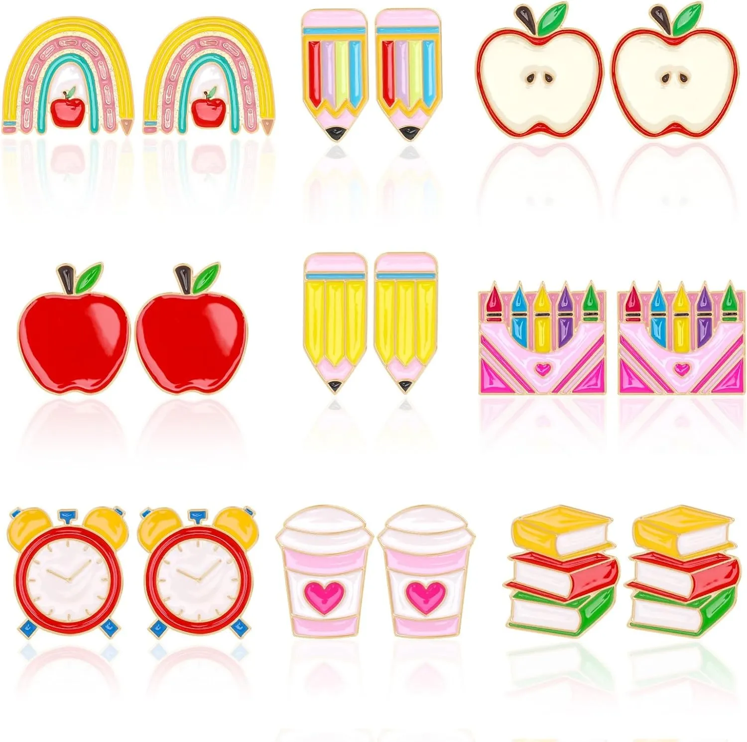 9 Pairs Theme Enamel Stud Earrings for Women Rainbow Pencil Book Stud Earrings Set for Graduation Teacher Appreciation Gift Back to Decoration