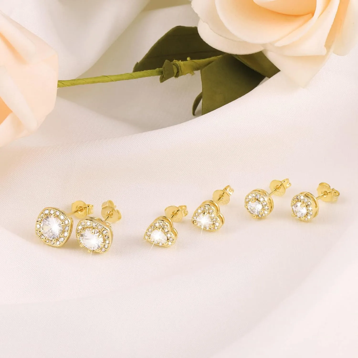 ALEXCRAFT Sterling Silver Stud Earrings for Women Girls Cubic Zirconia Halo Round Heart Square Diamond Large Silver Stud Set