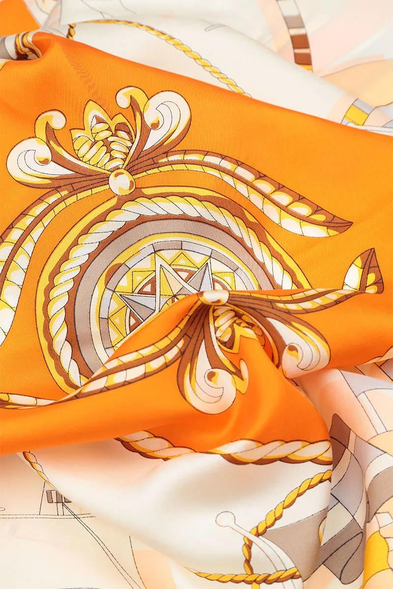 Antique Printed Beige Orange Tones Silk Scarf