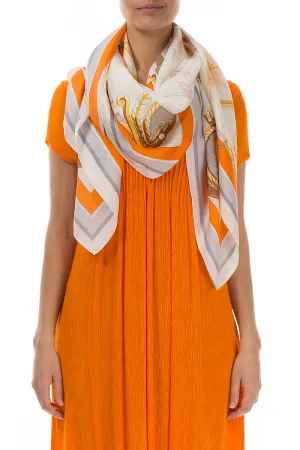 Antique Printed Beige Orange Tones Silk Scarf