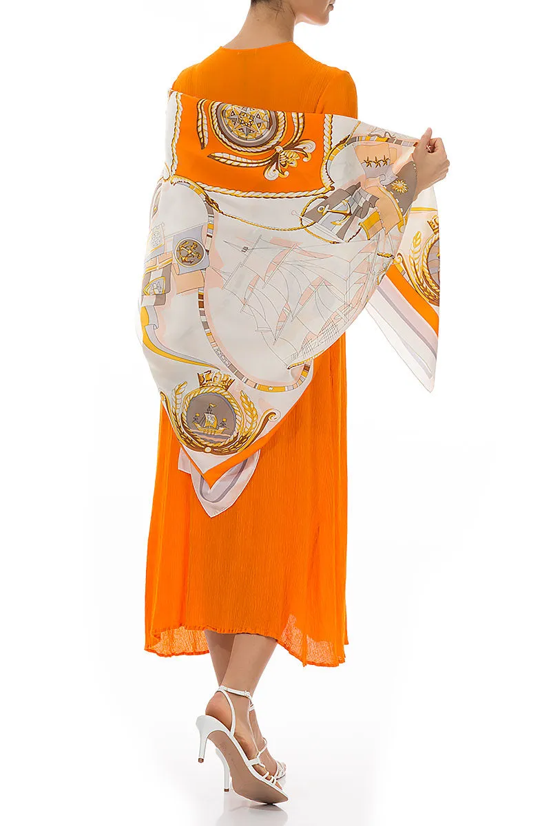 Antique Printed Beige Orange Tones Silk Scarf