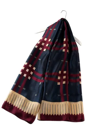 Art Deco Inspired Border Check Silk Scarf in Navy Blue