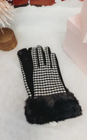 Black Faux Fur Cuff Mini Houndstooth Gloves - Final Sale