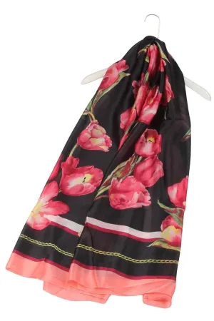 Blossom Tulip Print Silk Scarf  in Black