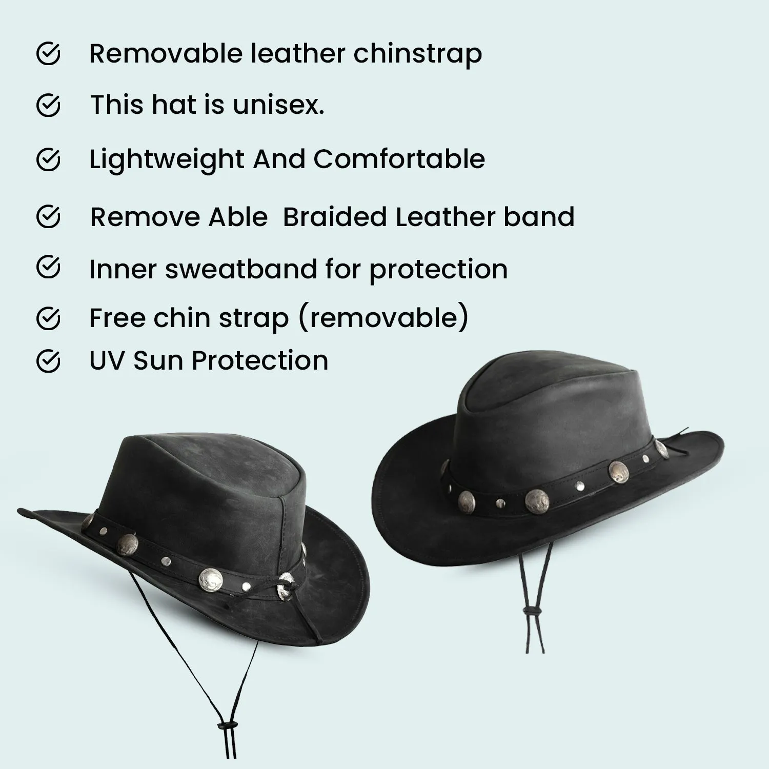 Cowboy Western Style Leather Hat Black Quality Leather Hat