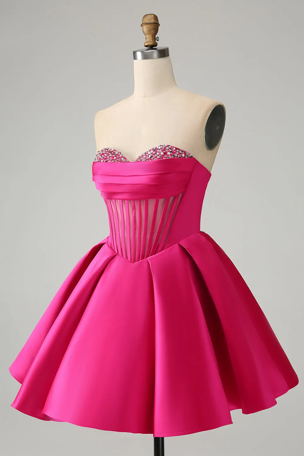 Cute Fuchsia A Line Sweetheart Corset Mini Dress with Beading