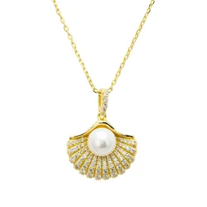 Deco Fan and Pearl Pendant Necklace Dipped in Gold