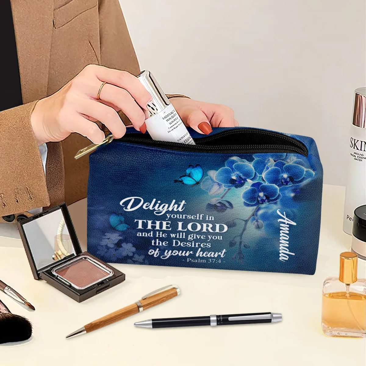 Delight Yourself In The Lord Psalm 374 Personalized Leather Pouch With Zipper - Religious Gift For Christian Family