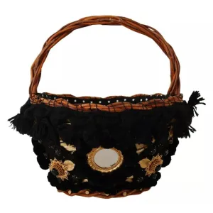 Dolce & Gabbana Black Beige Straw Basket Tote Pom Pom Crystals Bag