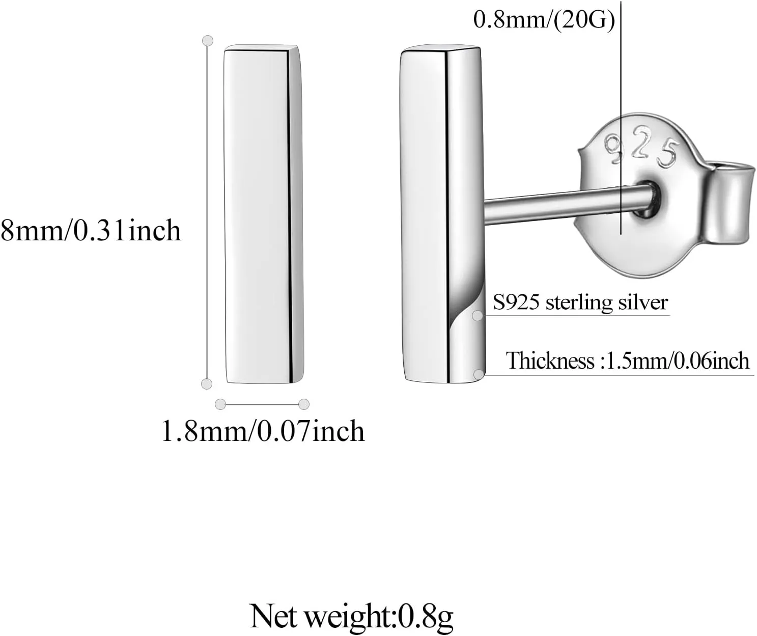 FindChic Hypoallergenic Sterling Silver Small Bar/Dot/Triangle/Butterfly/Lightning Studs Earrings Minimalist Geometric Jewelry Valentine Gifts for Women Men Girls, with Gift Box