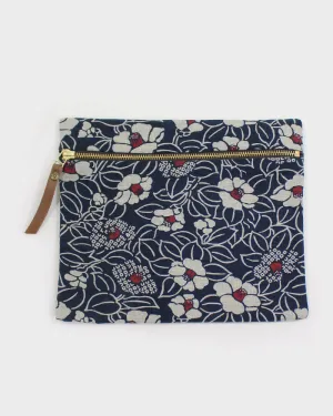 Flat Medium Zipper Pouch, Indigo Tsubaki