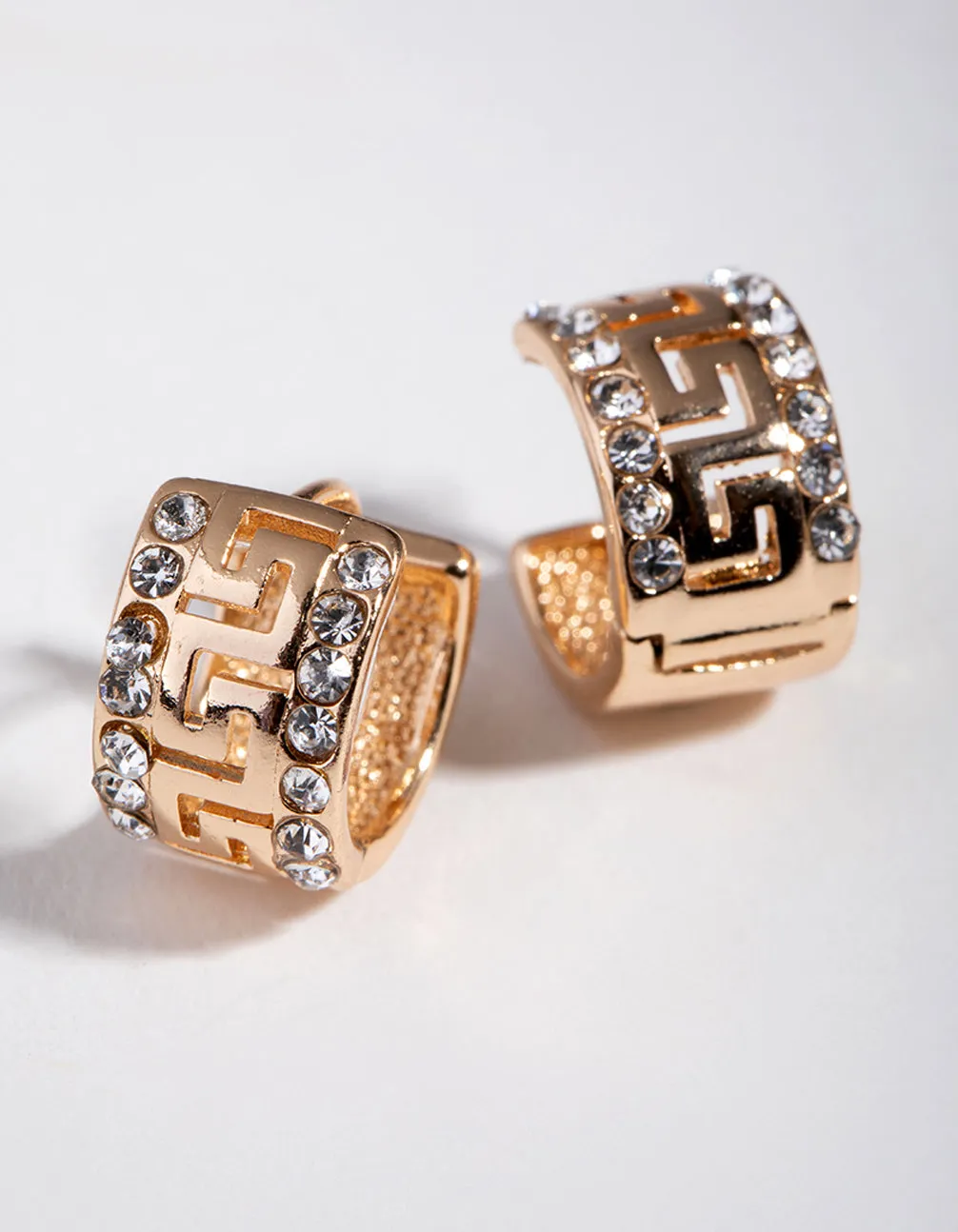 Gold Diamante Grecian Key Huggie Earrings