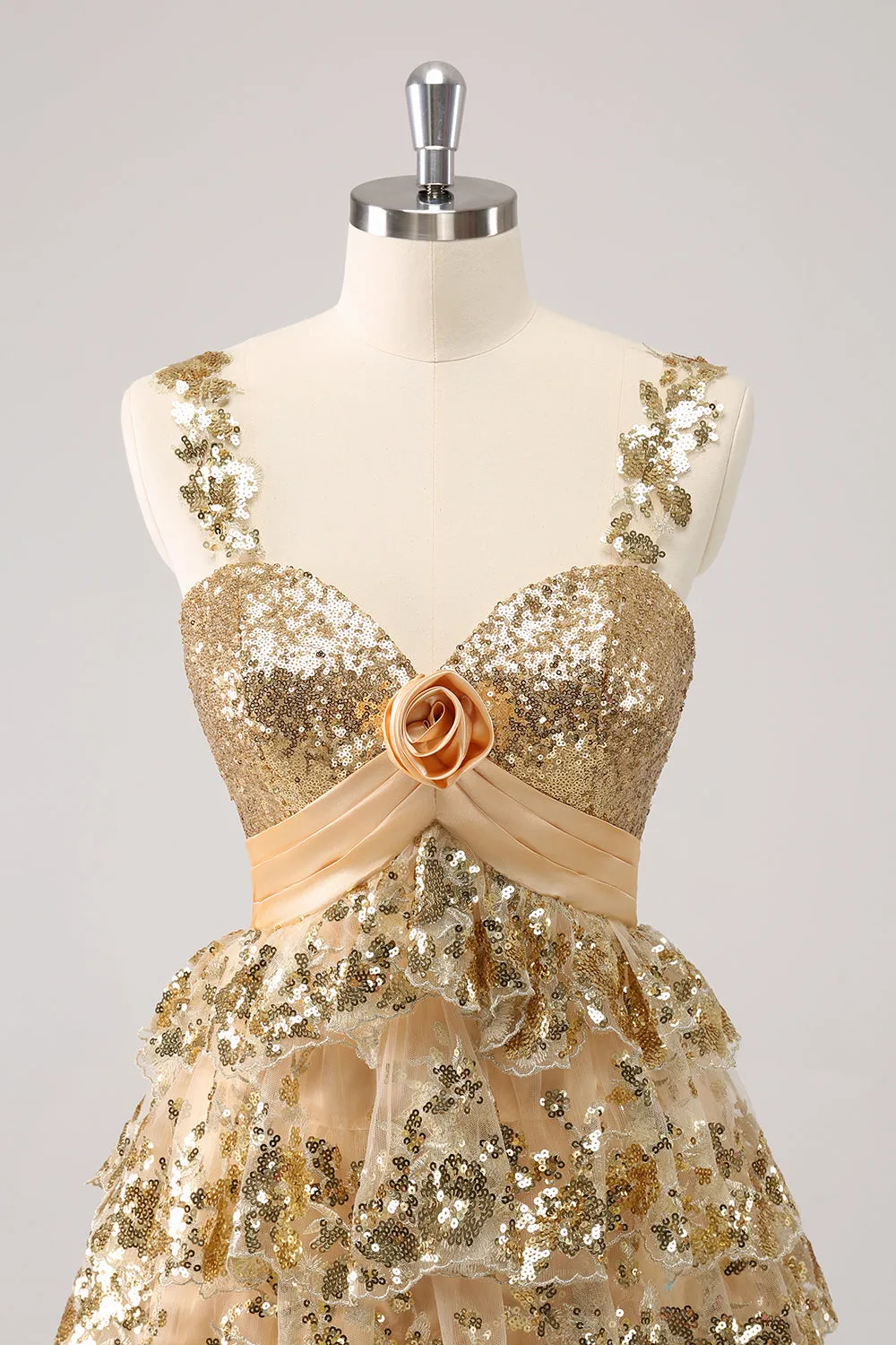 Golden A-Line Spaghetti Straps Sequined Mini Dress with Flower