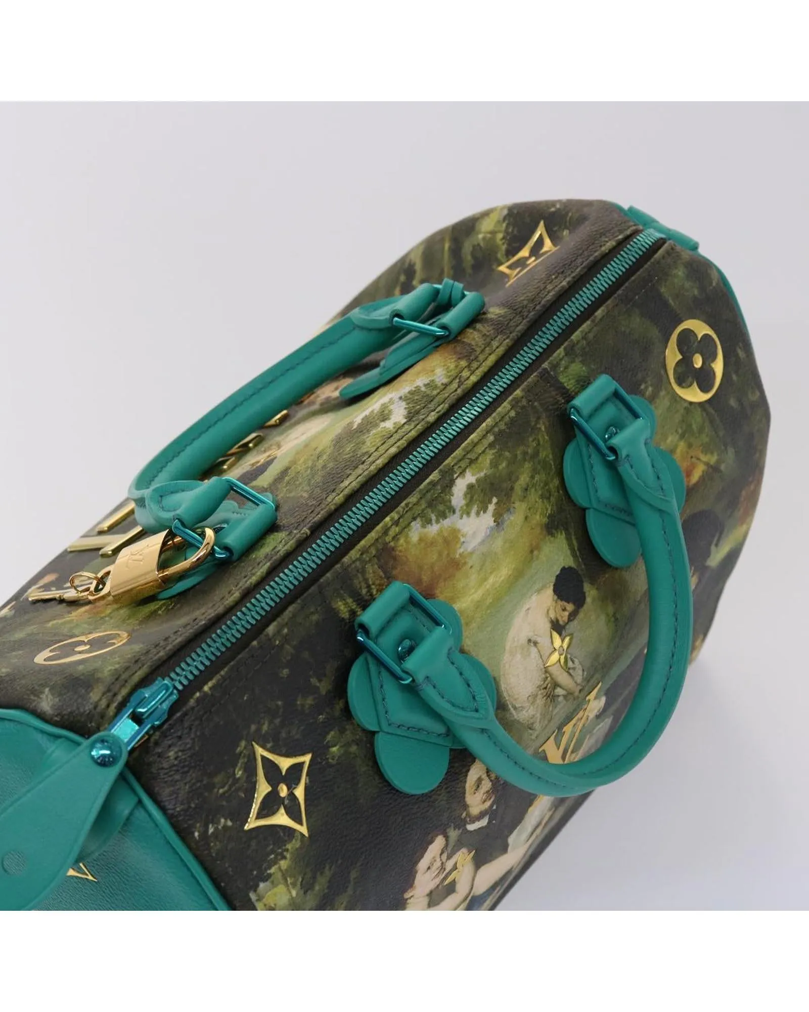 Green PVC Leather Hand Bag with Padlock and Key Charm