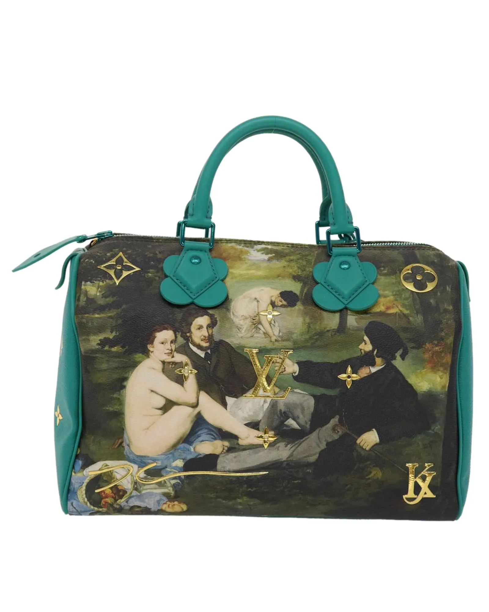 Green PVC Leather Hand Bag with Padlock and Key Charm