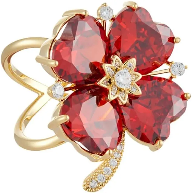 Kokoma Four Leaf Clover Scarf Clip for Women Red Crystal Rhinestone Shawl Clips Scarves Ring Buckle Shawl Brooch Statement Finger Rings Elegant Accessory