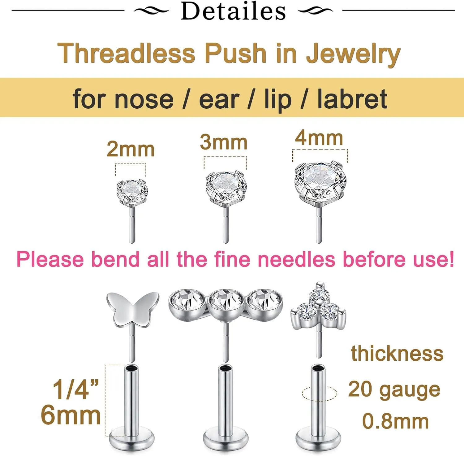 Longita Threadless Nose Stud 20g Flat Back Gold Cartilage Earring Silver Helix Earrings 20 Gauge Push in With Backs Nose Rings Hoops Piercing Taper