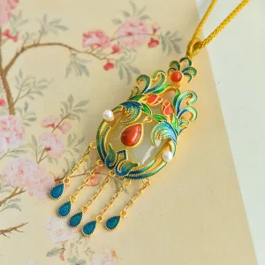 Natural Hetian jade enamel tassel necklace pendant