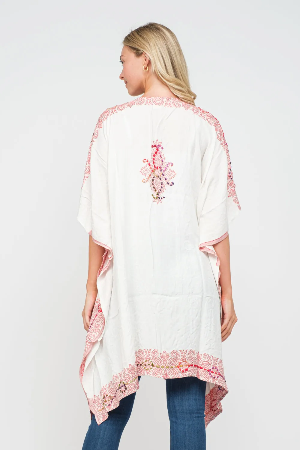RAJ ALLISON WHITE PINK EMBROIDERED KIMONO