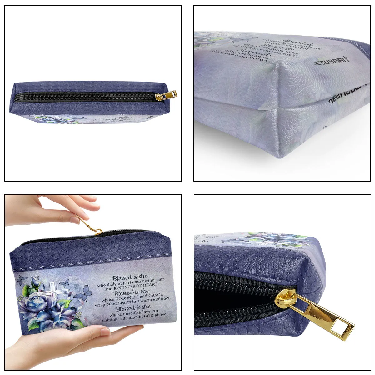 Rose & Cross Blessed Is She Who Daily Imparts Nurturing Care And Kindness Of Heart Personalized Leather Pouch With Zipper