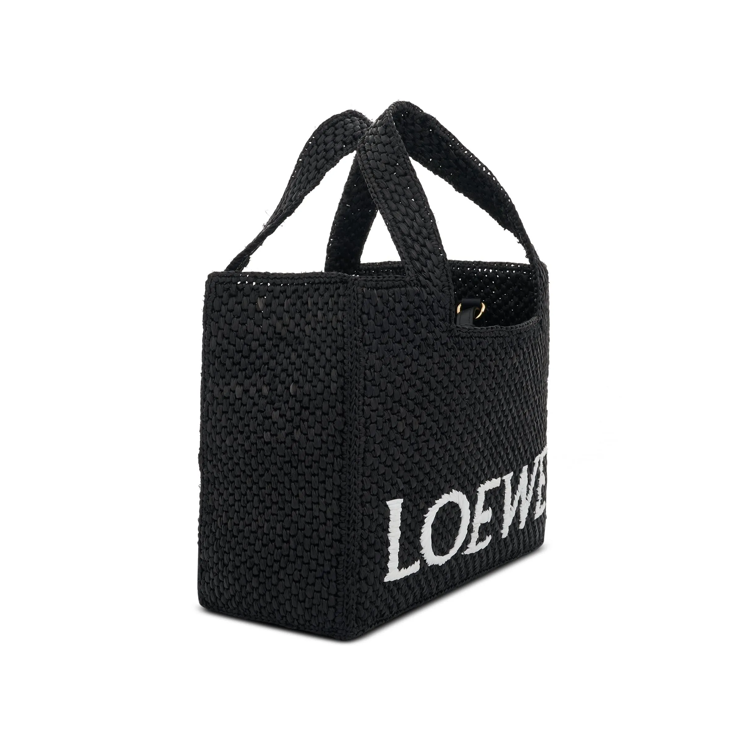 Small Logo Font Tote Bag in Raffia and Calfskin in Black