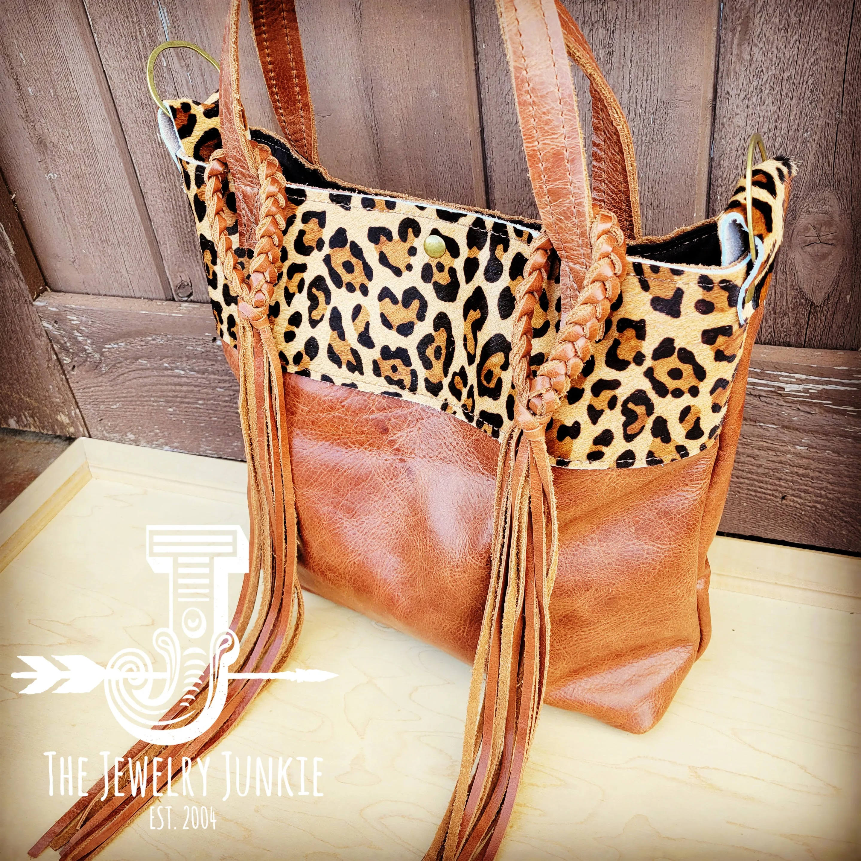 **Tejas Brown Leather Bucket Hide Handbag w/ Leopard Accent 512a