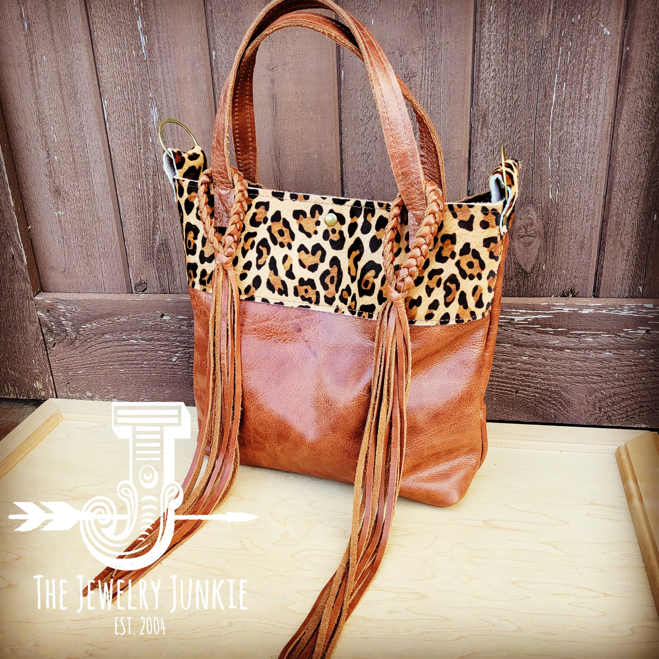 **Tejas Brown Leather Bucket Hide Handbag w/ Leopard Accent 512a