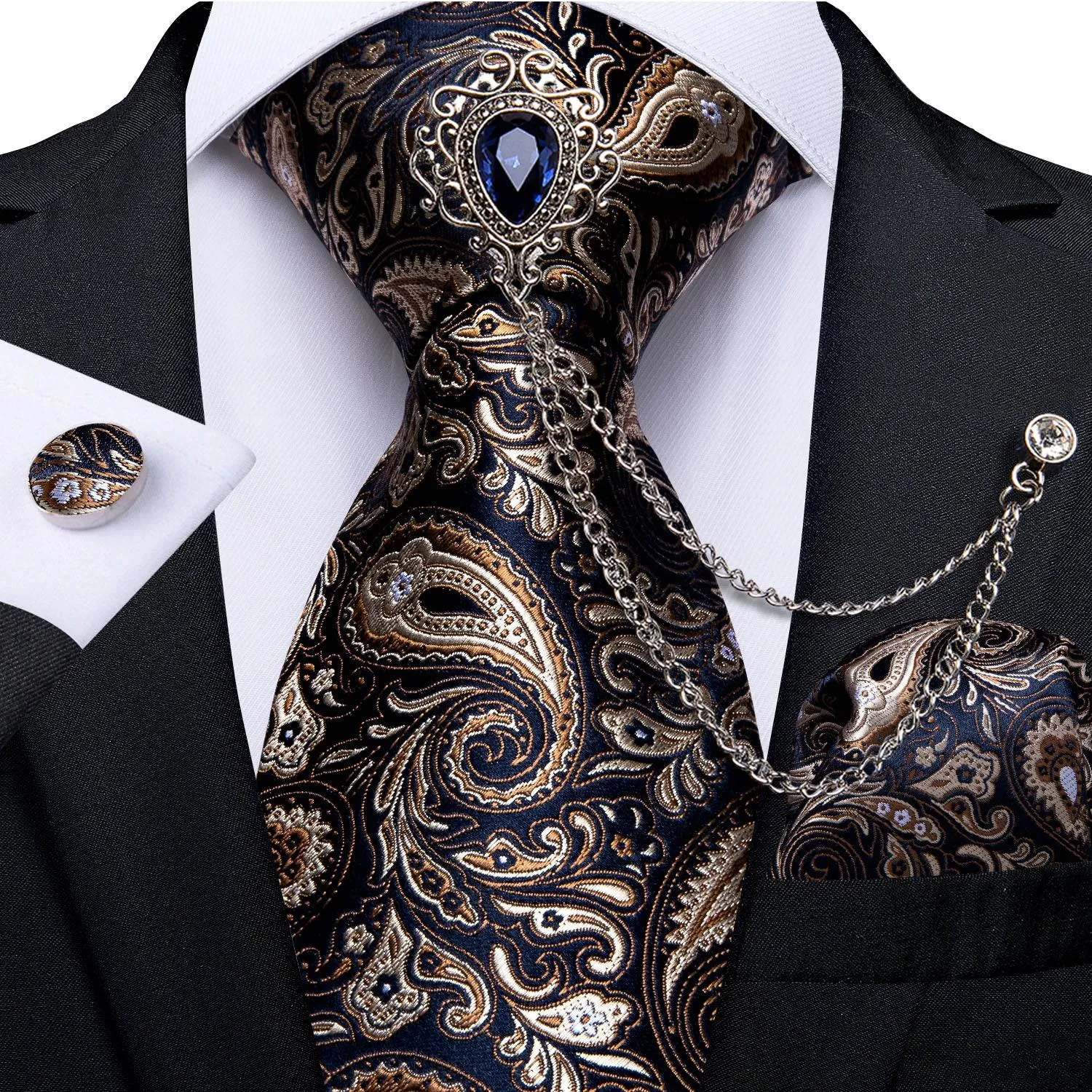 Tie Brooch Set Luxury Paisley Silk Tie Handkerchief Cufflinks Set