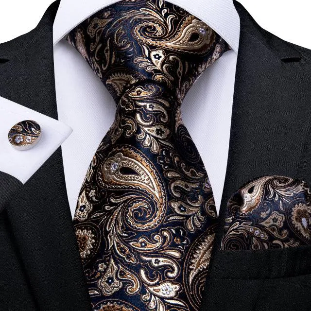 Tie Brooch Set Luxury Paisley Silk Tie Handkerchief Cufflinks Set