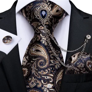 Tie Brooch Set Luxury Paisley Silk Tie Handkerchief Cufflinks Set