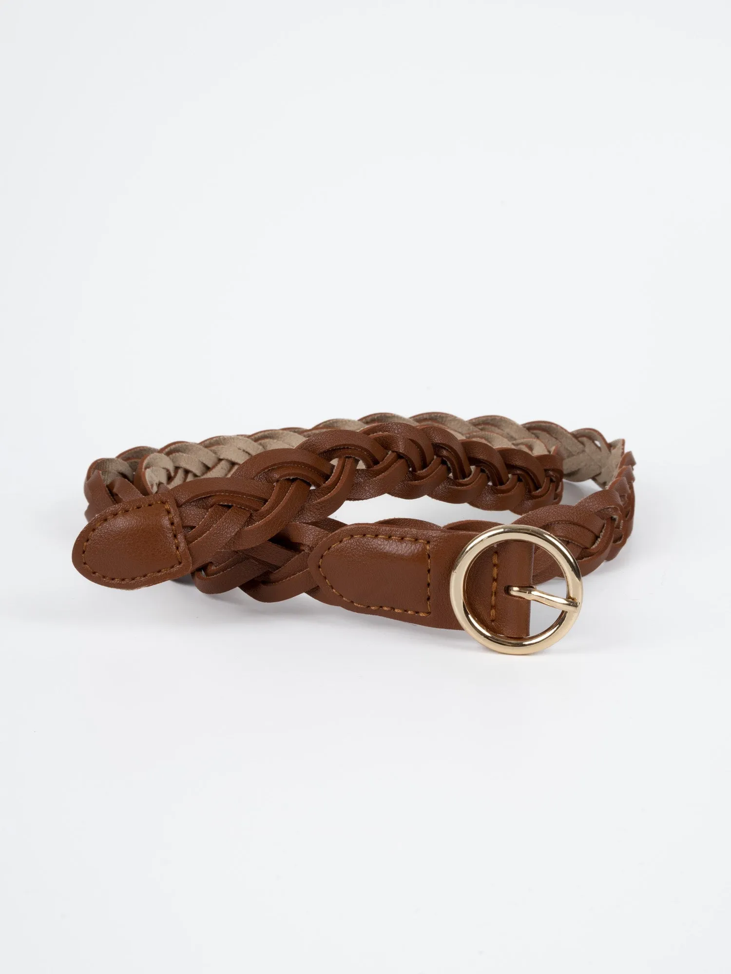 Vegan PU Leather Belt - Lille - Woven - Gold / Tan - 108cm