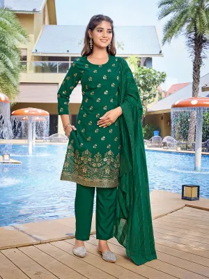 Women's Crepe Foil Printed Straight Kurta Pant With Dupatta