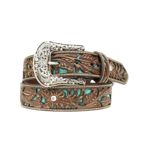 Womens Floral Tooled Turquoise Inlay Leather Belt